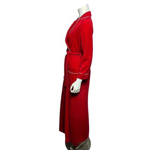 Vintage Red Velour Bathrobe with White Piping Classic Wrap Style Robe Small - Picture 8 of 13